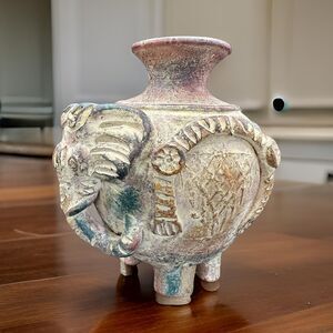 Decorative Terra Cotta Painted Pottery Elephant Vase 7 Inches Brown Green Red
